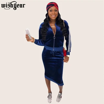 

2020 Spring Velvet 2 Piece Set Skirt Side Stripe Zipper Long Sleeve Jacket Top+ Bodycon Midi Skirt Women Christmas Tracksuit