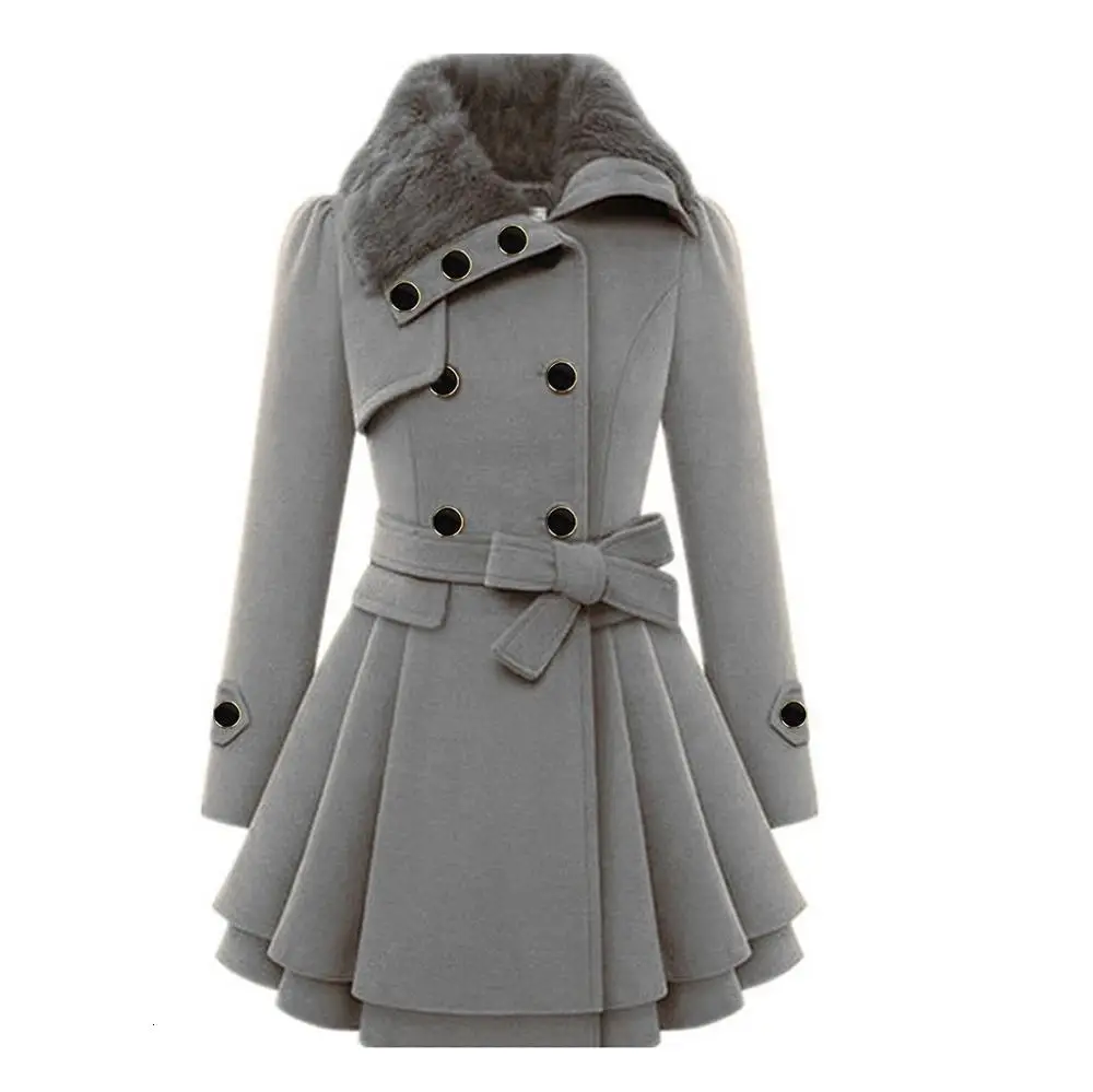 Vinatge woemn плотное теплое пальто Женская ветровка верхняя одежда на пуговицах асимметричный подол плащ пальто Женская шерстяная куртка - Цвет: gray