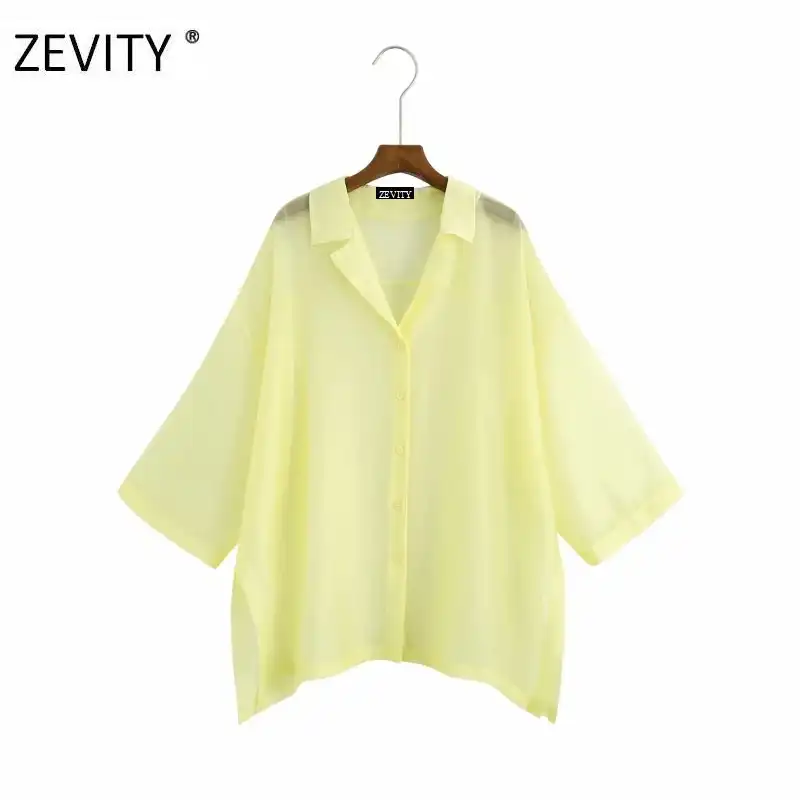 بلوزة فضفاضة غير رسمية شفافة من Zevity بلون واحد مثيرة للنساء بلوزة قصيرة الصدر للنساء Ls7042 Aliexpress