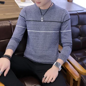 

2020 Men's Autumn New Thin Sweater Youth round Neck Pullover Slim Bottoming All-match Striped Sweater