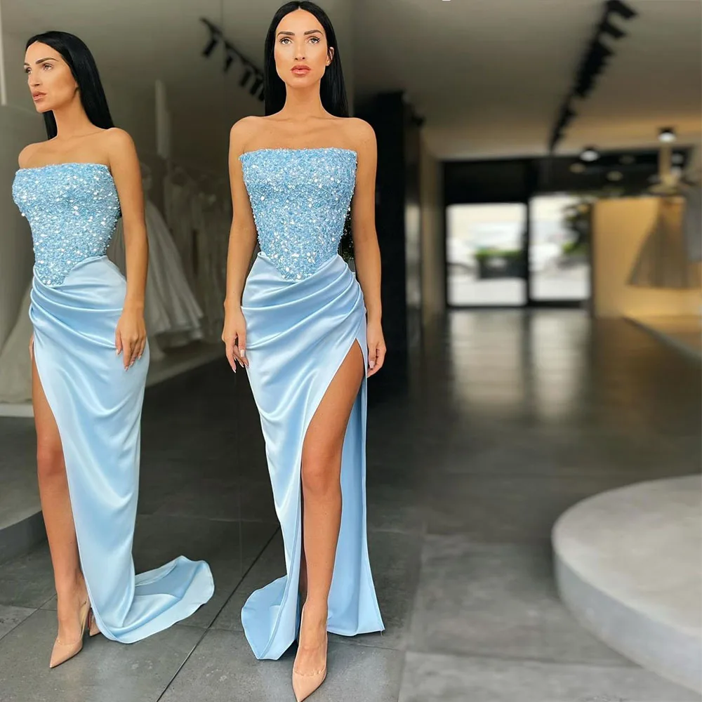 

Sevintage High Side Split Mermaid Sequin Evening Dresses Satin Strapless Prom Gown Formal Special Occasion Dress