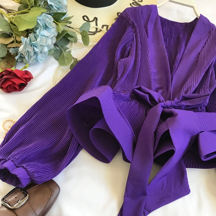 Women Elegant Long Sleeve Blouse Shirt Sexy V Neck Pleated Ruffles Blusa Sashes Vintage Women Blouse Spring Fashion Shirt Top Blusas (28)