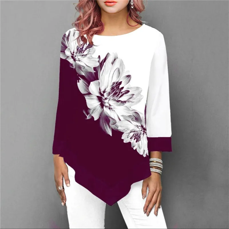 5XL Plus Size Women Clothing Shirts Long Sleeve Casual Spring Blouse Hem Irregular Lace Patchwork Top Flower Print Fashion Shirt poet shirt