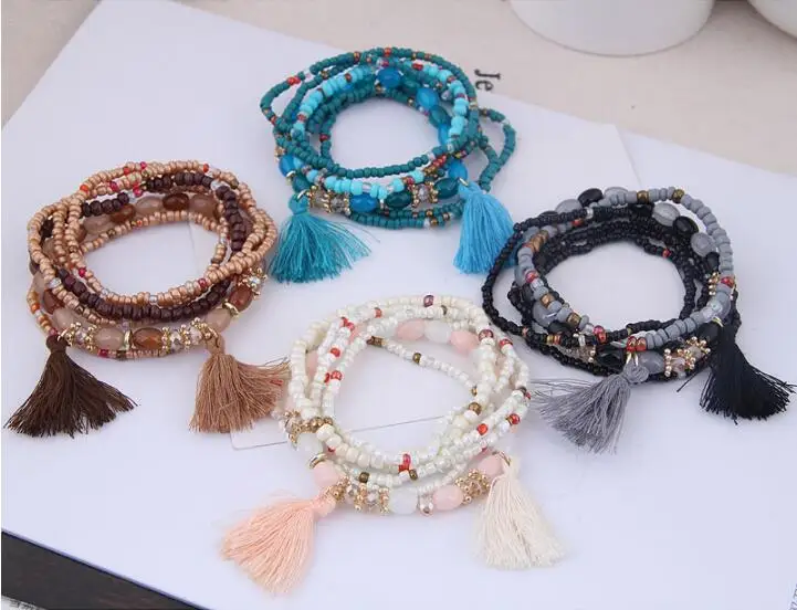 Beaded Bracelet Stone Bead Bracelet 6pcs Bohemian Tassel Charm Multicolors Beads Bracelets Set Women Layers Stone Wristband Bracelet Bangles