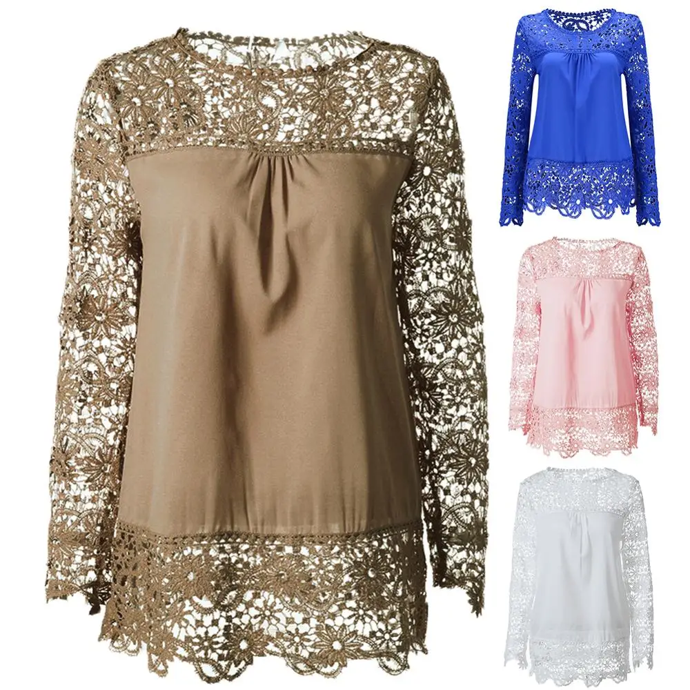 Женская однотонная кружевная вязаная блузка с вышивкой размера плюс длинным