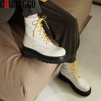 

COVIBESCO 2020 Casual Platforms Ankle Boots For Women Genuine Leather Shoes Woman Autumn Winter New Lace-Up Outdoor Short Boots