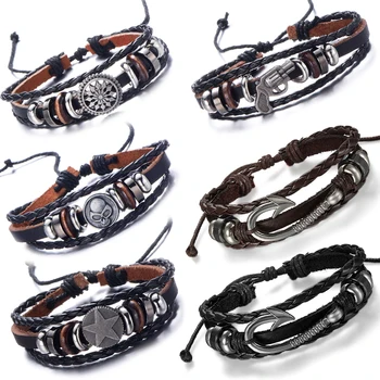 

Octbyna Men's Leather Bracelet Revolver&Skull Skull Charm Multilayer Braided Punk Hip Hop Style Women Bangle Jewelry Dropshpping
