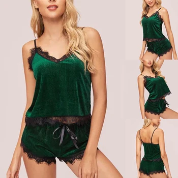 

Female Pajama Sets Solid Lace Nightgown Sleeveless Sleepwear Women's Babydolls Set Robes Two Pieces V-Neck Plush Pajamas Ladies