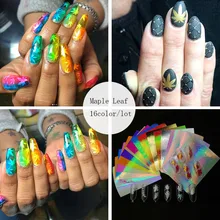 Голографический кленовый лист, наклейка для ногтей, тонкая Лазерная серебристая полоса, 3D Красочные листья, переводная наклейка для ногтей, переводная наклейка, маникюр