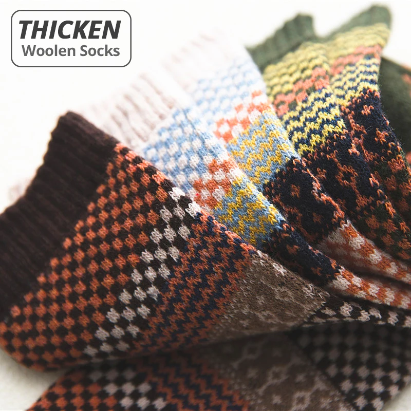 5HSS Brand Business Man Wool 5 Pairs / Lot Thicken Men's Socks Cotton Warm Retro National Style Small Square For Snow_voghion.com