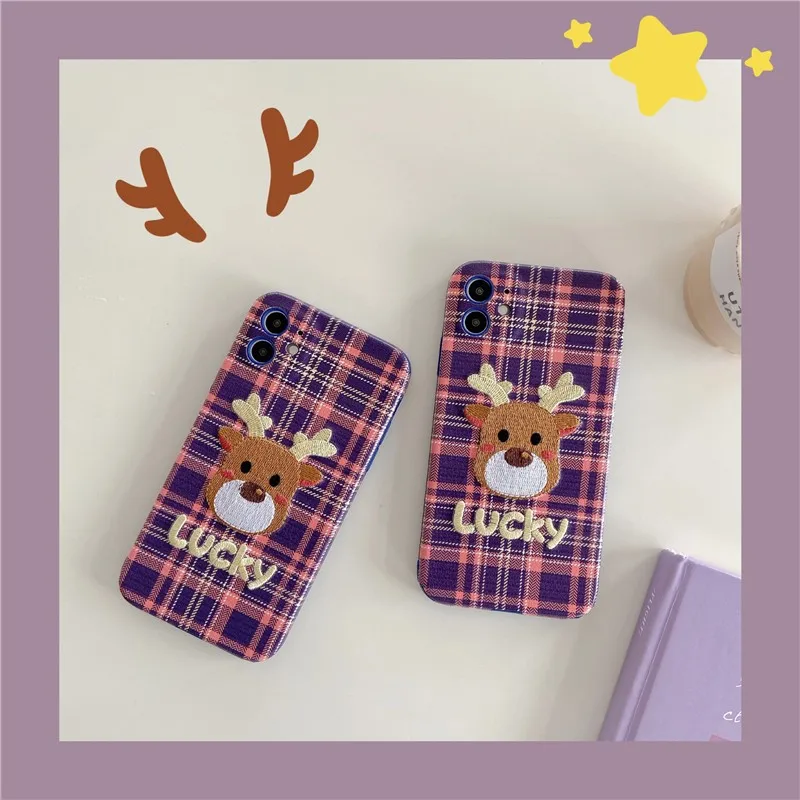 

Grid pattern embroidery antelope Phone Cover Case For Iphone X 11 pro Xs Max Xr 10 8 7 Plus SE4.7 Luxury pu leather Coque Fundas