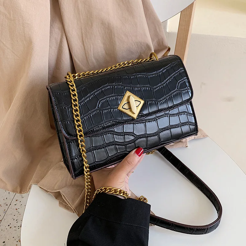 

Fashion Crocodile Chain Square Bag Women's Designer Shoulder Bags High Quality Leather Ladies Flap Crossbody Bags For Women 2019