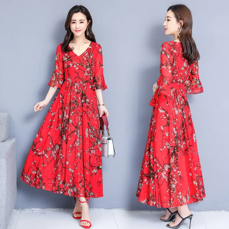 

New Style Long Imitated Silk Fabric Dress, Floral-Print Chiffon Dress, Immortal Waist Hugging Beach Big Hemline Long Skirt