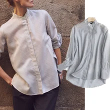 

Jenny&Dave Shirt Women Spring Blouse Women England Indie Folk Vintage Simple stand-up collar Striped Blusas Mujer De Moda Tops