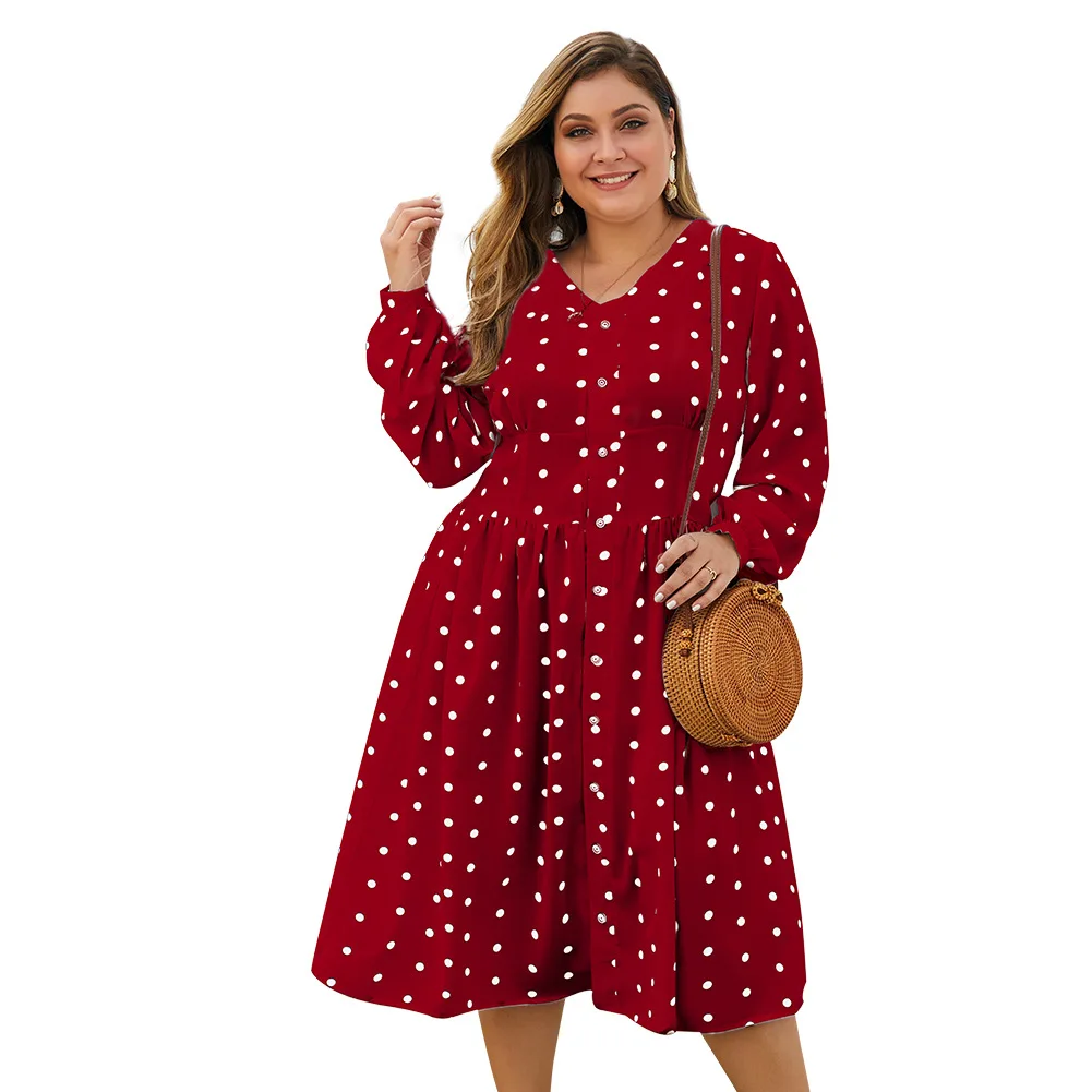 Платье в горошек с принтом, большие размеры, Женская мода, весна осень, v-образный вырез, длинный рукав, платье-рубашка, женский жакет, макси, длинные платья - Цвет: Красный