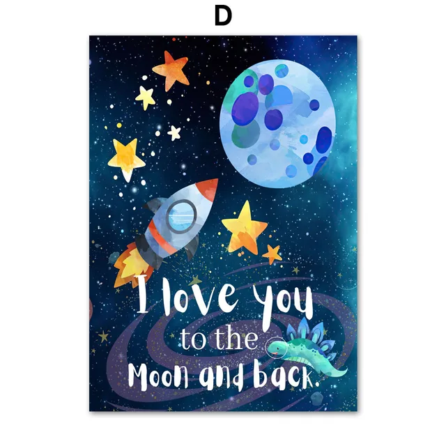 Space Dinosaur UFO Education Number Alphabet Nursery Wall Art Print Canvas Painting Nordic Poster Decor Pictures Baby Kids Room D
