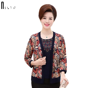 

ASLTW 2 Pieces Set Sweater Fashion Spring Autumn Knitted Print Sweater Cardigan Plus Size Leisure O Neck Shirt + Cardigan Suits