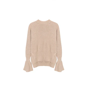 

Women's Knitted Sweater Trumpet Sleeve O-neck Soft Loose Knitwear Pullover Tops