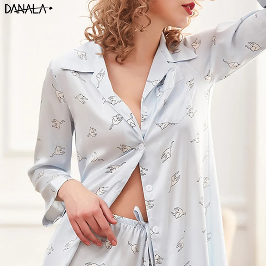 DANALA Autumn Pajamas Sets For Women Cat Animals Print Long Sleeve Long Pants Female Sleepwear Sets Home Clothing For Women