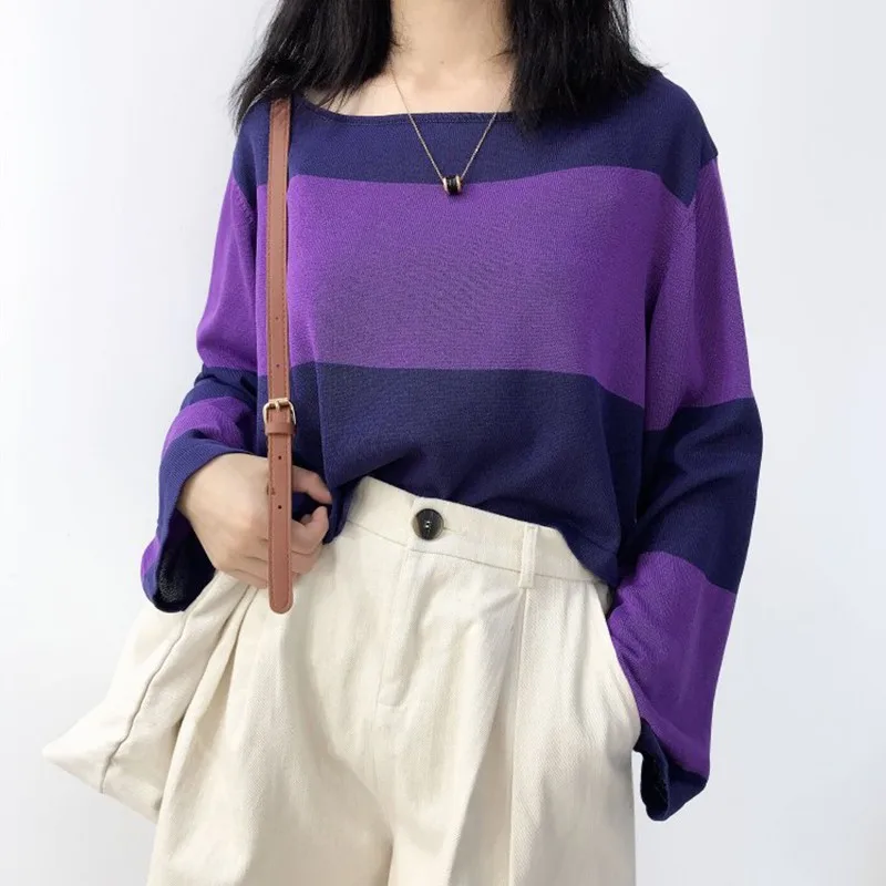 

Hong Kong Style Sweater Stripes Loose Lazy Wind Long-sleeved Sweaters Yellow Strips One Size