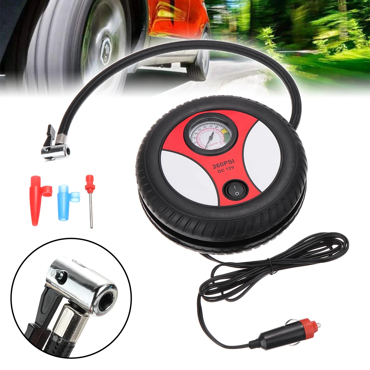 Digital Tyre Inflator Portable Electric 12V 260PSI Air Compressor Auto Car Tire Tyre Pump with LED Light Inflation Nozzle Adapters for Car Ball Bike Boat 
