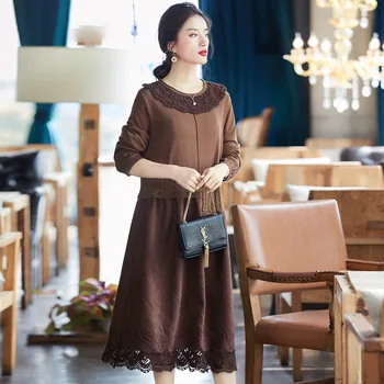 

Knitted Embroidery Bottomed Dress Women's Long Sleeve Splicing Large Loose Dress Autumn And Winter 2019