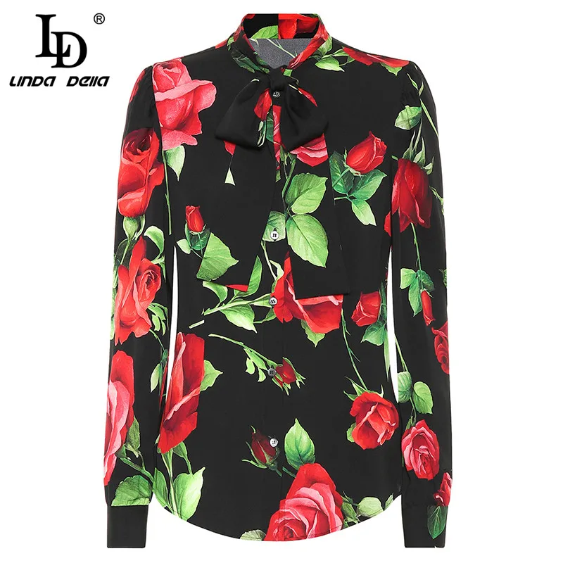 shirt LD LINDA делла Весна Лето Мода Подиум шелк костюмы элегантные женские наборы Роза цветочный принт винтажные юбки 2 шт набор - Цвет: shirt