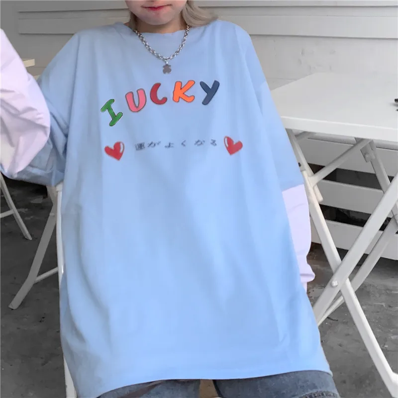 Lychee Harajuku, японская женская футболка с буквенным принтом, поддельные 2 штуки, вырез лодочкой, женские пуловеры, топы, повседневные свободные женские футболки, футболки