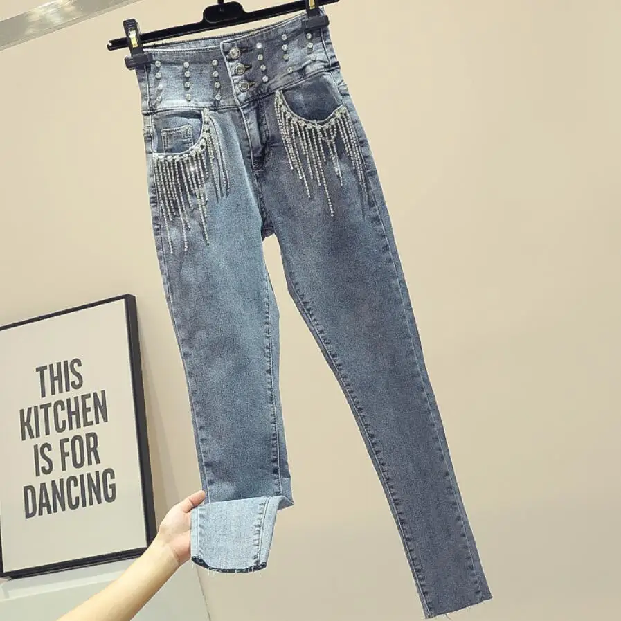 Весна осень новая мода тяжелая промышленность джинсы для женщин кисточкой алмаз Карманы Высокая талия тонкий эластичный карандаш джинсы