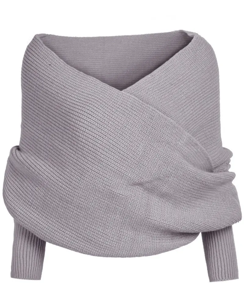 Брендовый зимний свитер женский с v-образным вырезом с открытыми плечами свободный однотонный вязаный Легкий трикотажный свитер с крестом верхняя одежда женская одежда - Цвет: Серый