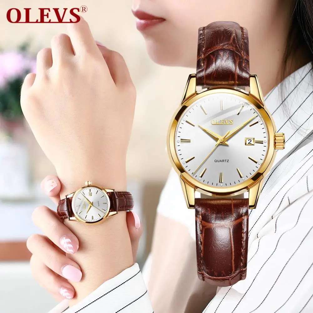 OLEVS Простые Модные женские часы relojes mujer кожа день с датой часы женские светящиеся руки водонепроницаемые Wist часы
