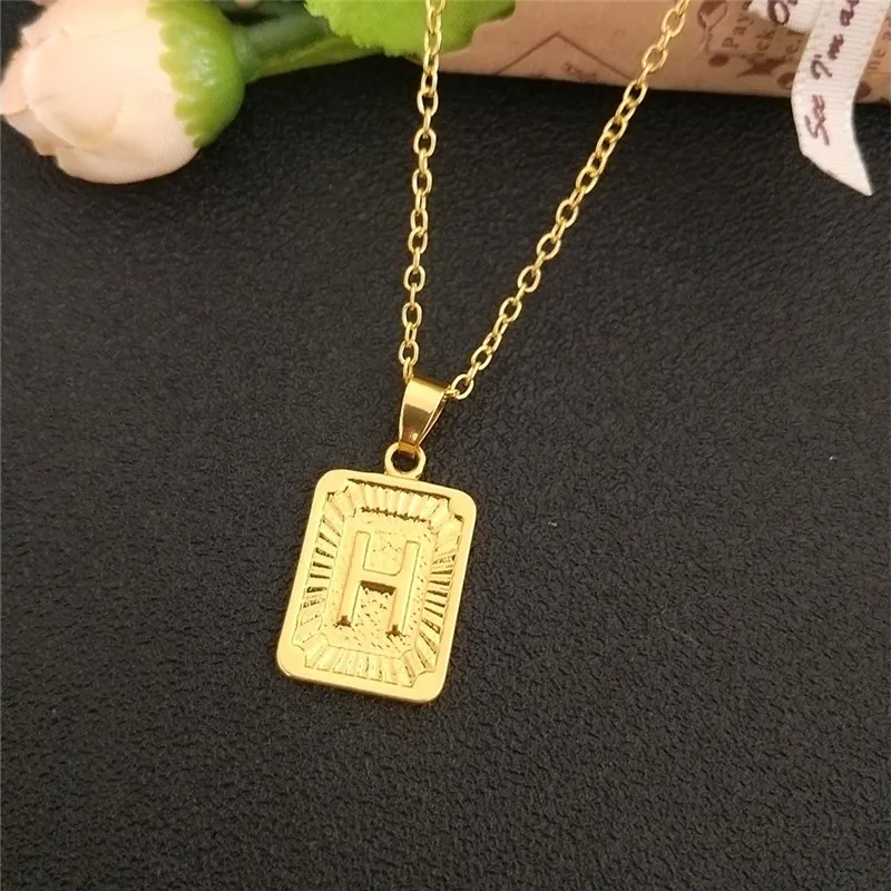 Золотое A-Z ожерелье с подвеской в виде буквы квадратного алфавита прямоугольного медальона, индивидуальное колье в стиле бохо, ювелирные изделия для мужчин, рождественский подарок - Окраска металла: H