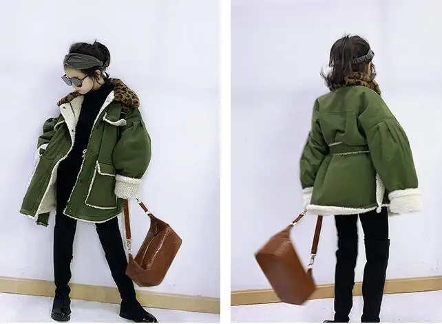 Girls' workwear cotton clothing autumn and winter new children's Korean version plus thick waist medium long lamb wool wool