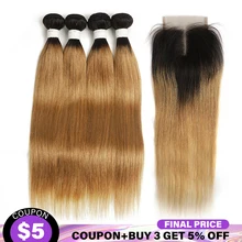 T1B/27 Ombre Blonde Human Hair Bundles With Closure 4x4 SOKU 3/4PCS Brazilian Straight Hair Weave Bundles With Closure Non-Remy