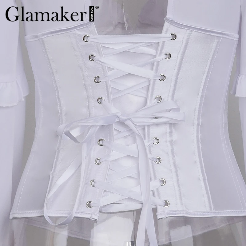 Glamaker, глубокий v-образный вырез, белая блузка, для женщин, с рюшами, рукав-фонарик, облегающая блузка, для девушек, из кусков, с вырезами, на шнуровке, сексуальная клубная рубашка