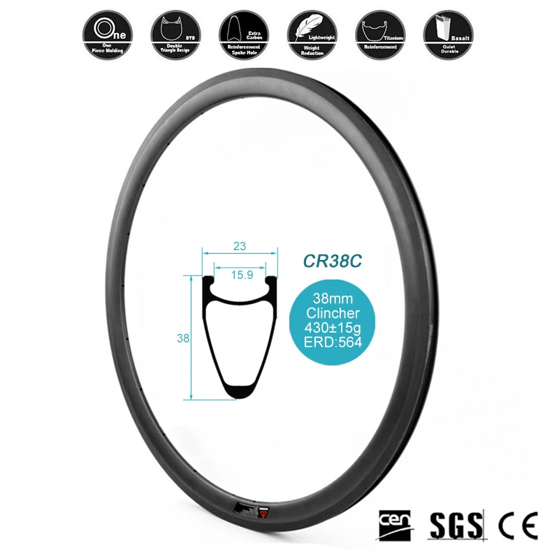 Full Carbon Fiber Road Bike Rims 700C 23mm Wide 38mm Depth V Shape Clincher Rim for Triathlon TT Cyclocross Basalt Brake 1 Piece