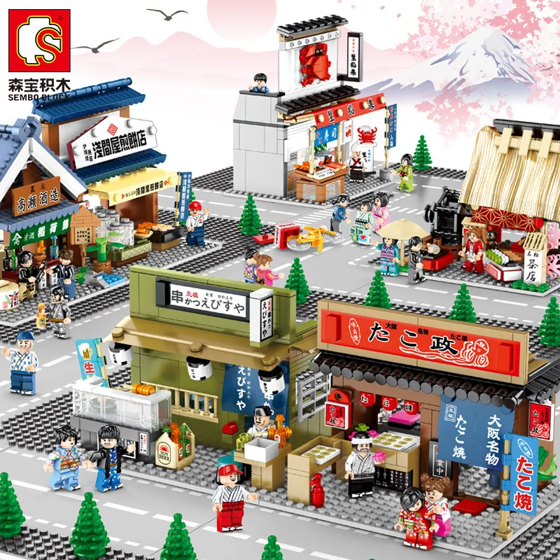 City Retail Shop Building Blocks Japan Food Octopus Sushi Store Bricks Mini Street View Kids Assembly Model Sets Girls Toys Gift