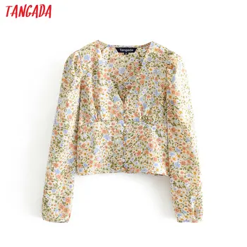

Tangada women retro floral print French shirt long sleeve buttons chic female crop blouse blusas femininas 3H503