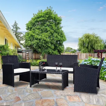 

GIANTEX Outdoor 4pcs/set Patio Garden Chairs Table Wicker Rattan Cushioned Sofa Furniture Set HW49859