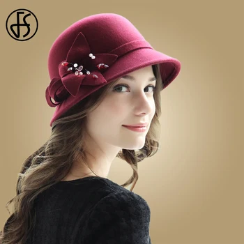 

FS Vintage Cloche Hat For Women Black Pink Solid Wool Felt Bow Bucket Hats Wine Red Warm Winter Bowler Cap Female