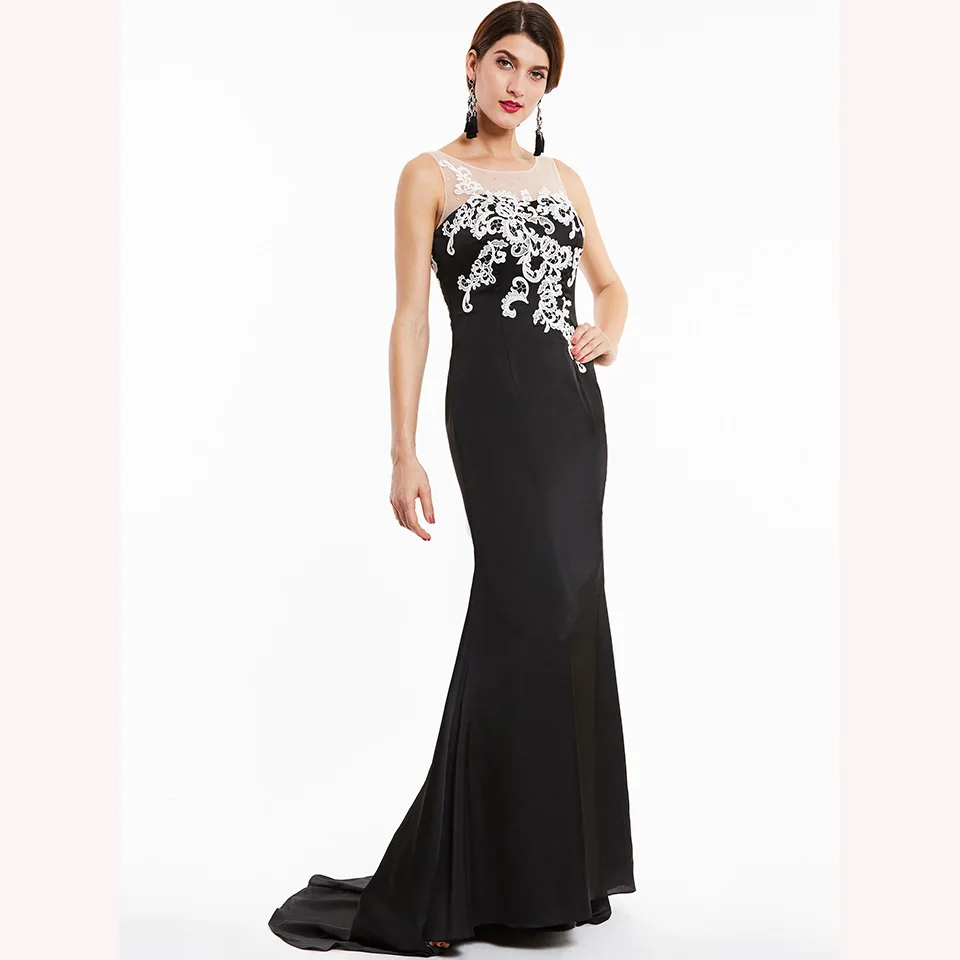 Dressv черный длинное вечернее платье Дешевые овальным вырезом без рукавов с аппликацией Свадебная вечеринка официальное платье русалки вечернее платье es