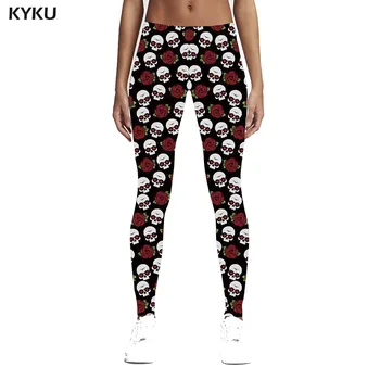 

KYKU Skull Leggings Women Flower Sexy Leggings Ladies Fitness Pants Spandex Hip Hop Trousers Womens Leggings Pants Jeggings