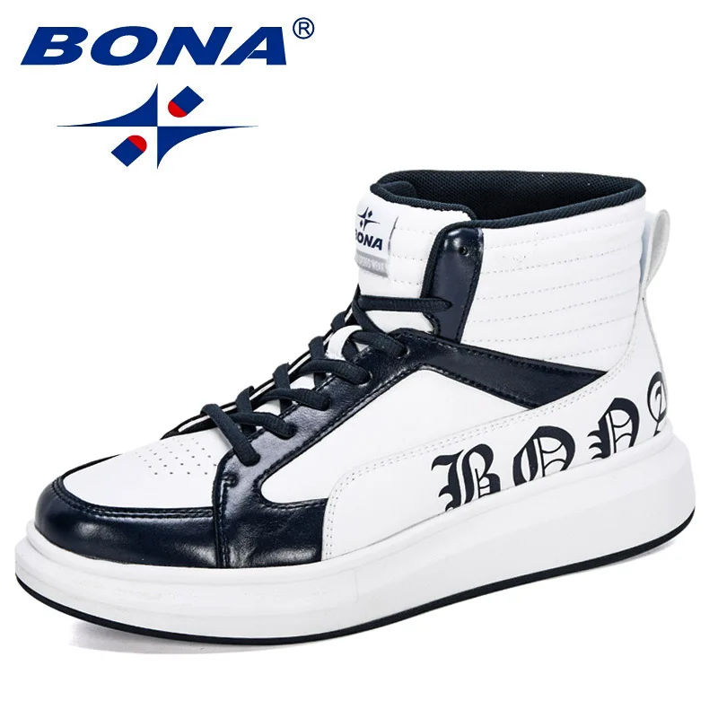 BONA/Новинка года; дизайнерская мужская Нескользящая повседневная обувь с высоким берцем; Мужская дышащая Уличная обувь для отдыха; модная удобная мужская обувь - Цвет: White deep blue