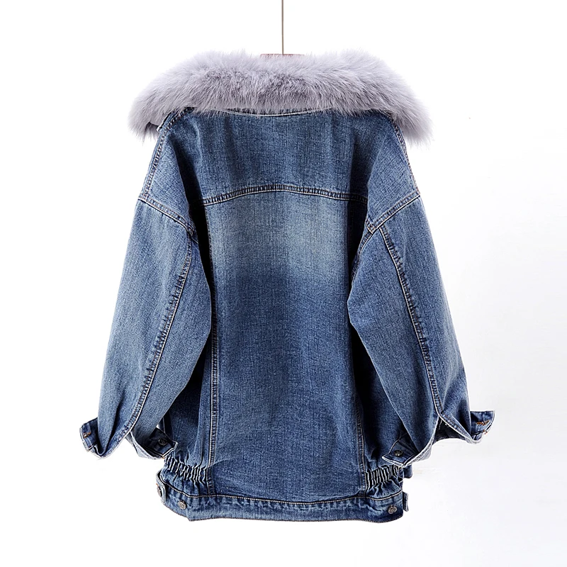 remarkable  Winter Warm fur Coat Natural Fur Collar + Real Rabbit Hair Liner Denim fur Jacket Female retro fur 