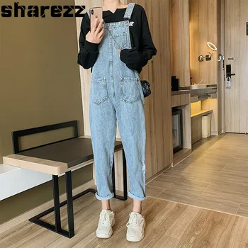 

Jumpsuits Women Soft Denim Casual Womens Ankle-length Pants Loose Pockets Korean high waist boyfriend Jeans for Woman Plus Size
