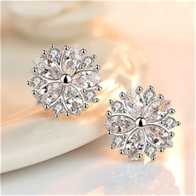 Female Pink Zircon Stone Earrings Gold Silver Color Wedding Earrings Jewelry Cute Flower Small Stud Earrings For Women