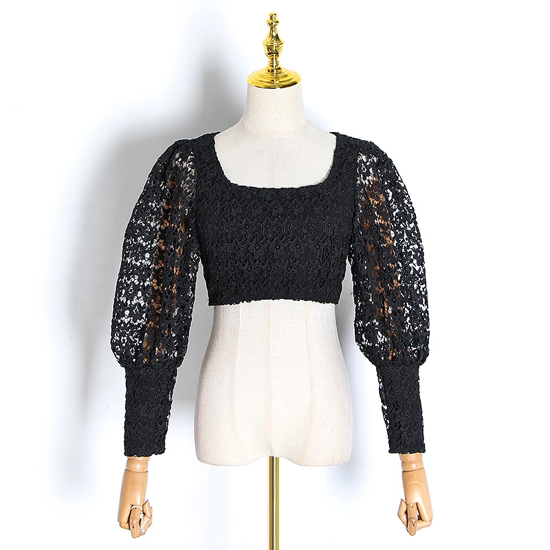 TWOTWINSTYLE кружевные открытые блузки для женщин, квадратный воротник, фонарь, длинный рукав, туника, короткие рубашки, женская модная одежда