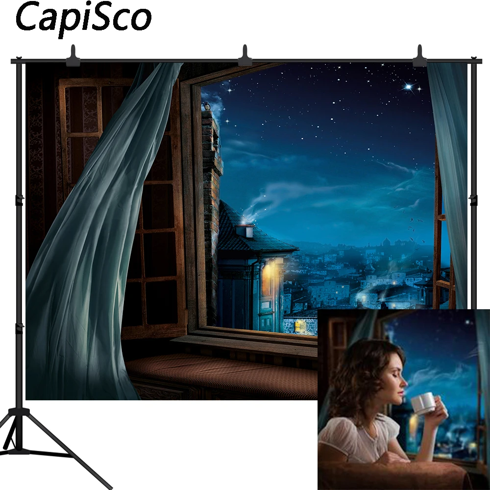 

Capisco Christmas Backdrop Window Night City Family Party Photography Background Decorations Banner Props for Photo Studio