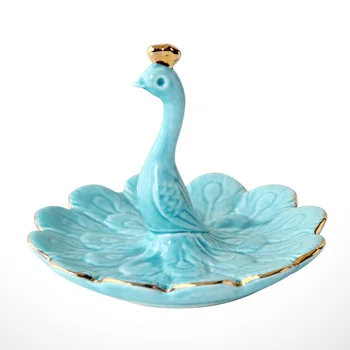 

Blue Peacock Gold-edged Jewelry Dish Ceramic Trinket Tray Elegant Storage Dish for Rings Keys Earrings