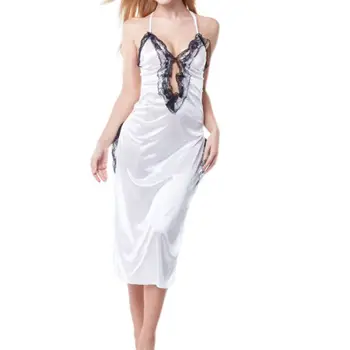 

Women Sexy Faux Silk V-Neck Lingerie Dress Backless Cross Bandage Lace Splicing Nightgown Hollow Front Side High Split Sleepwear